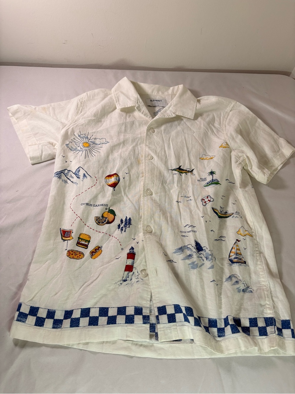 Old Navy Cream Button-Down Shirt with Blue Print(bc18)